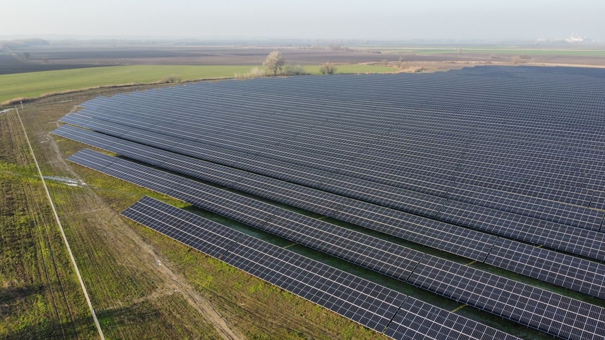 Aerial view of a commercial solar panel array